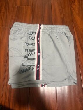 PINK Gray Athletic Shorts with Pink & Navy Stripe